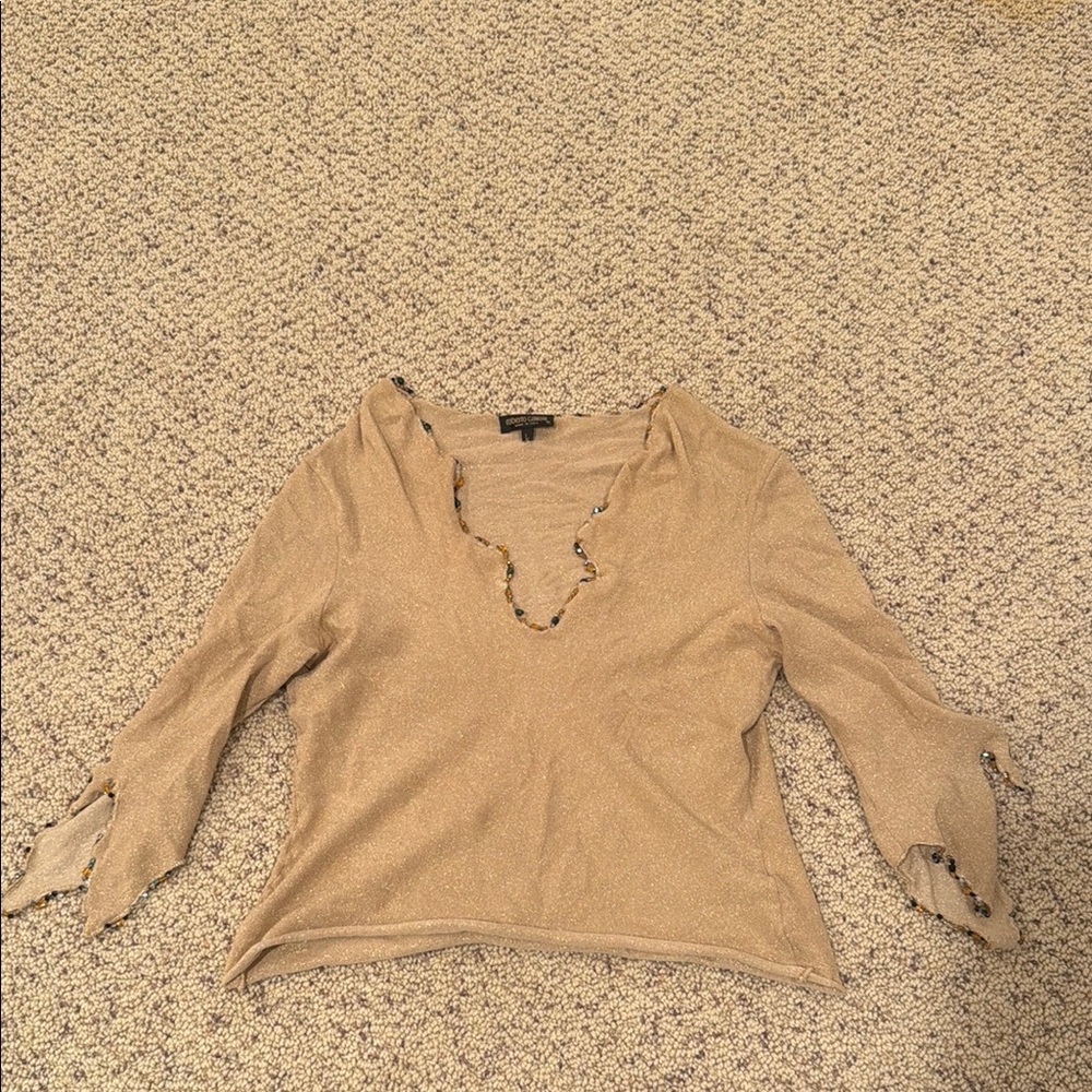 Roberto Cavalli Beige Gold V-Neck Knit Top with Beaded Trim
